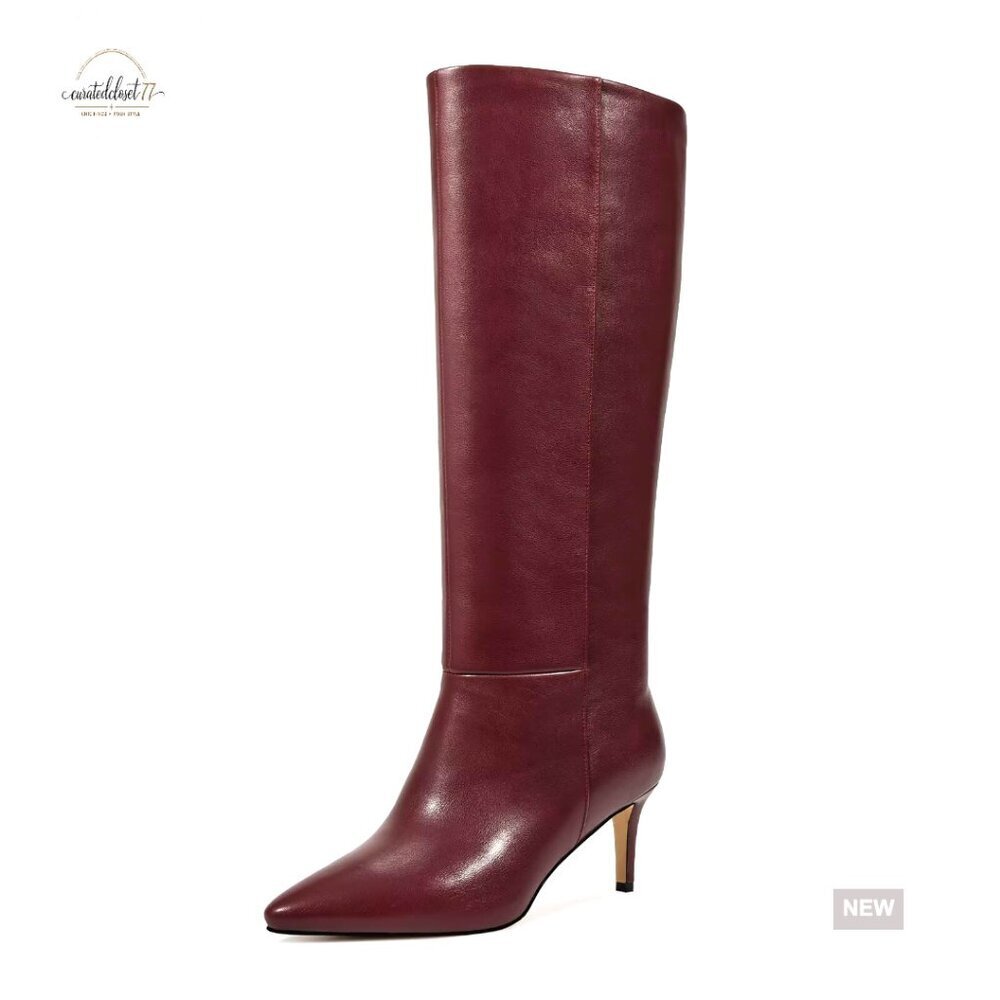 Knee High Boots Pointed Toe Kitten Heel Side Zipper Wide Calf Comfort